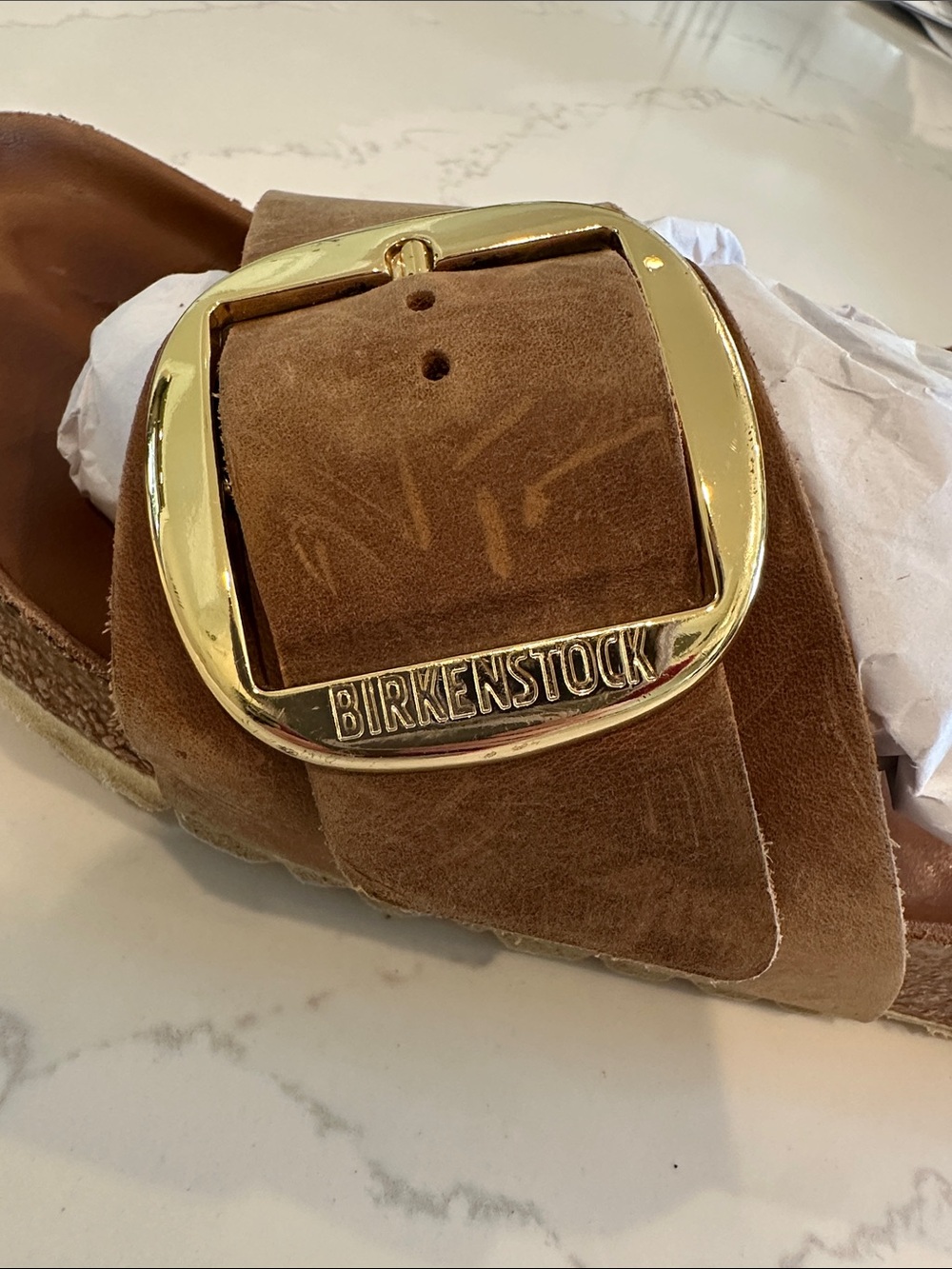 Birkenstock Madrid Big Buckle Cognac Gold Slide Sandals Leather 40 Narrow - Picture 9 of 10